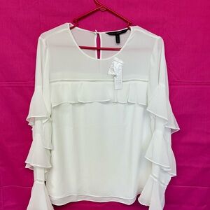 White House Black Market White Ruffled Long Sleeve Scoop Neck Blouse